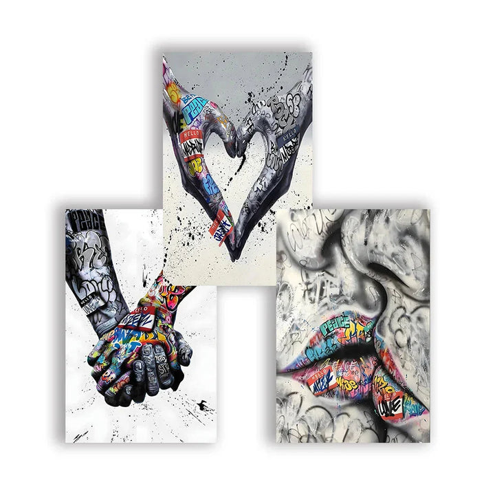 Skanto | 3PCS Moderne Kjærlighet Hånd i Hånd Kyss Kyss Plakat Graffiti Banksy Gate Veggkunst Lerret Maleri Trykk Bilder Romdekorasjon