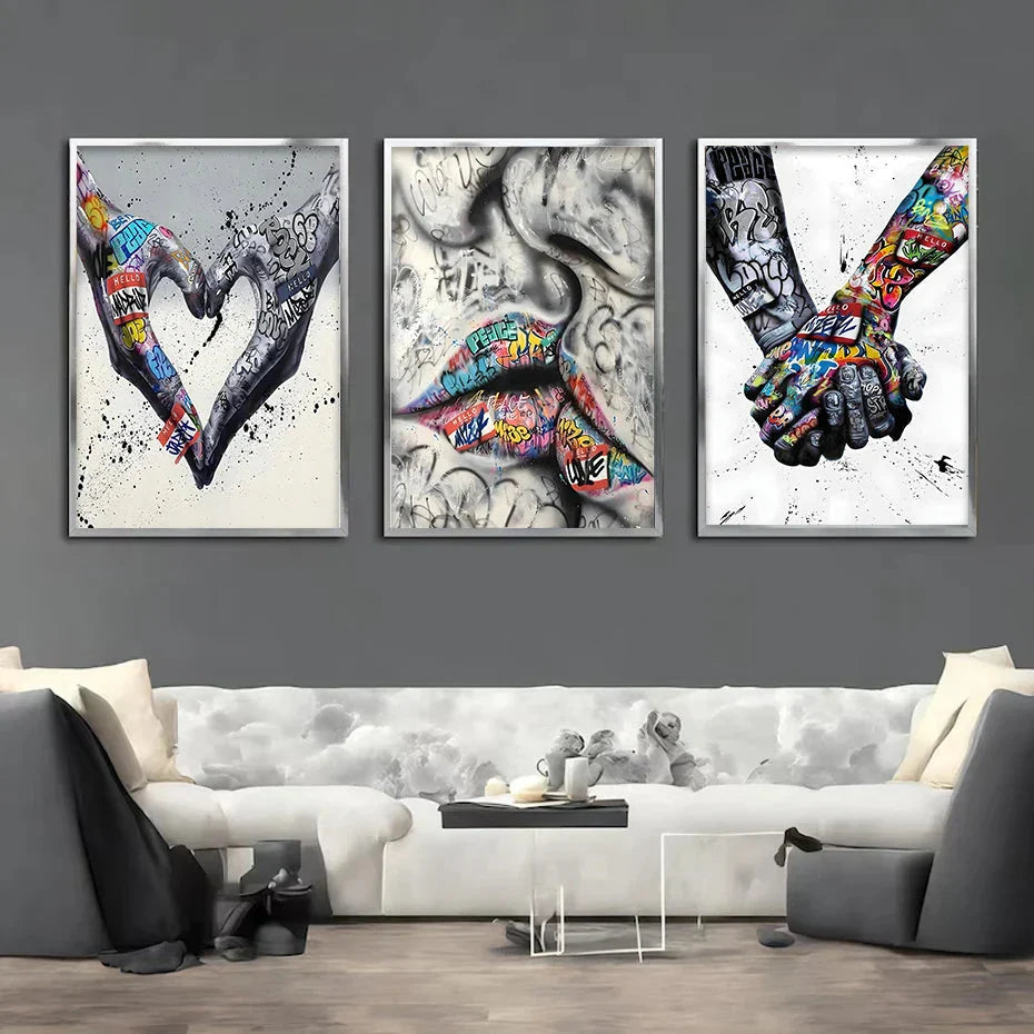 Skanto | 3PCS Moderne Kjærlighet Hånd i Hånd Kyss Kyss Plakat Graffiti Banksy Gate Veggkunst Lerret Maleri Trykk Bilder Romdekorasjon