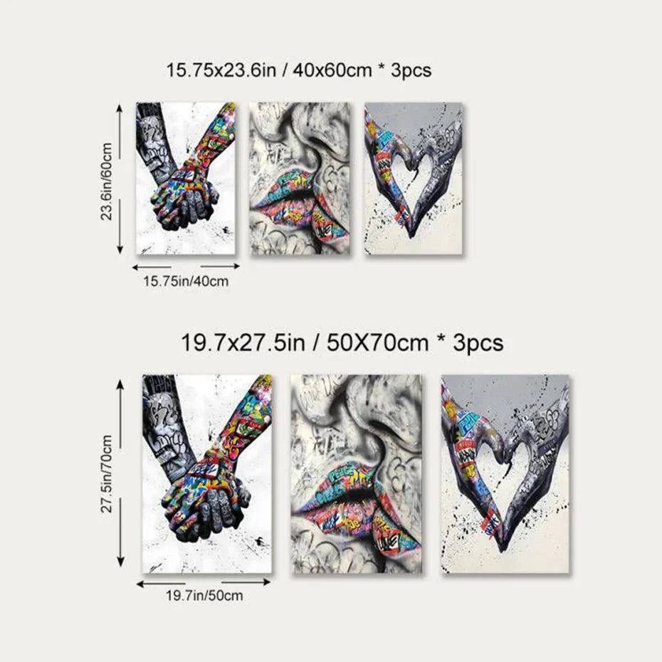 Skanto | 3PCS Moderne Kjærlighet Hånd i Hånd Kyss Kyss Plakat Graffiti Banksy Gate Veggkunst Lerret Maleri Trykk Bilder Romdekorasjon