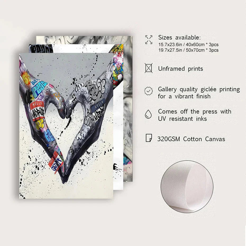 Skanto | 3PCS Moderne Kjærlighet Hånd i Hånd Kyss Kyss Plakat Graffiti Banksy Gate Veggkunst Lerret Maleri Trykk Bilder Romdekorasjon