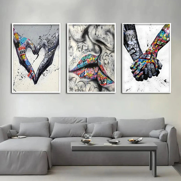 Skanto | 3PCS Moderne Kjærlighet Hånd i Hånd Kyss Kyss Plakat Graffiti Banksy Gate Veggkunst Lerret Maleri Trykk Bilder Romdekorasjon