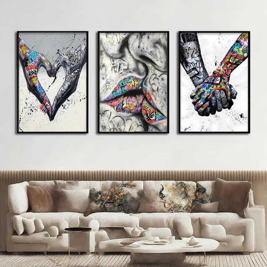 Skanto | 3PCS Moderne Kjærlighet Hånd i Hånd Kyss Kyss Plakat Graffiti Banksy Gate Veggkunst Lerret Maleri Trykk Bilder Romdekorasjon