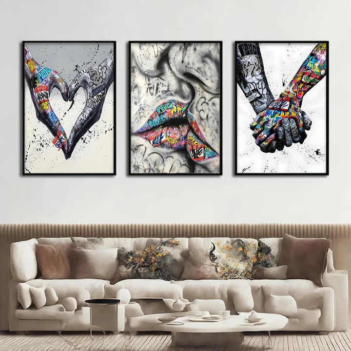 Skanto | 3PCS Moderne Kjærlighet Hånd i Hånd Kyss Kyss Plakat Graffiti Banksy Gate Veggkunst Lerret Maleri Trykk Bilder Romdekorasjon