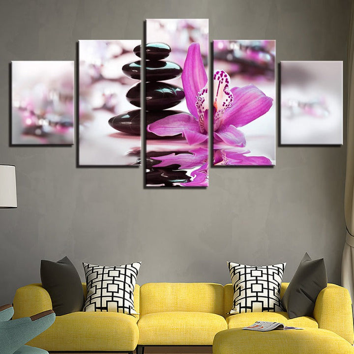 5 Pcs Black Stones with Purple Flower - Canvas Wall Art Painting | Skanto