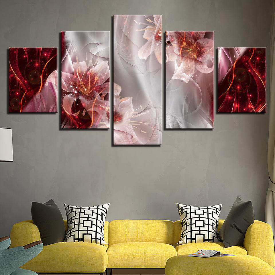 Fantastiske Rosa Liljer 5 Deler - Lærred Veggkunst Maleri