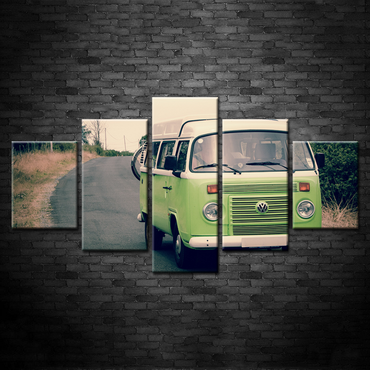 5-delt Lys grønn Vintage Buss Bil - lerret Veggkunst Maleri | Skanto