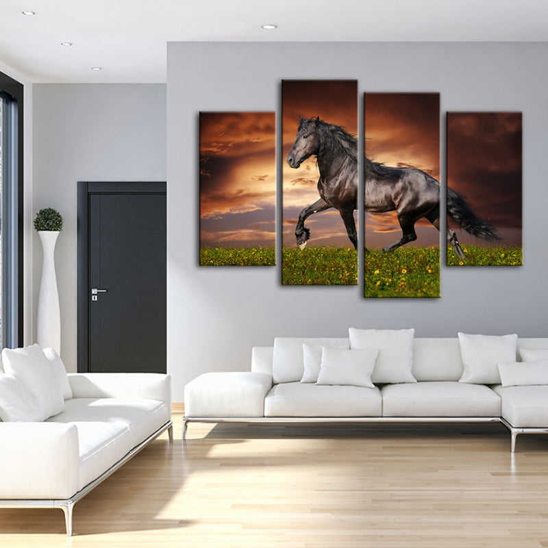 4 Piece Running Black Horse Canvas Wall Art Painting | Skanto