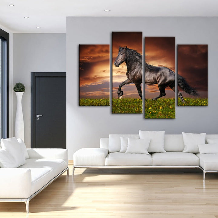 4 Piece Running Black Horse Canvas Wall Art Painting | Skanto