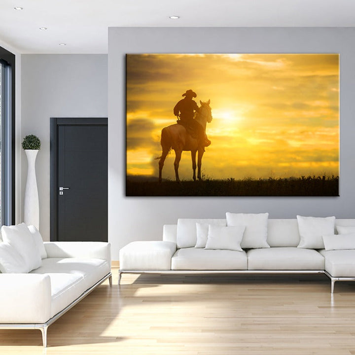 En cowboy og hans hest - Lerret veggkunst maleri | Skanto