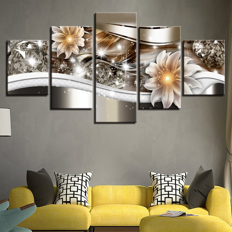 5-delt Golden Glow Hue Hvite Blomst - Lærret Veggkunst Maleri | Skanto