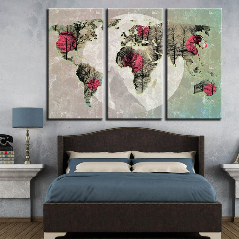 Vakker abstrakt rosa sol-verden-kart-lerret-veggkunstmaleri 3 deler | Skanto