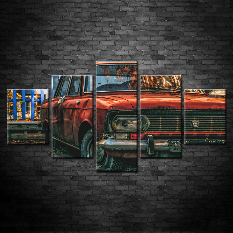 5-Piece Red Dented Vintage Car Canvas Wall Art Painting | Skanto