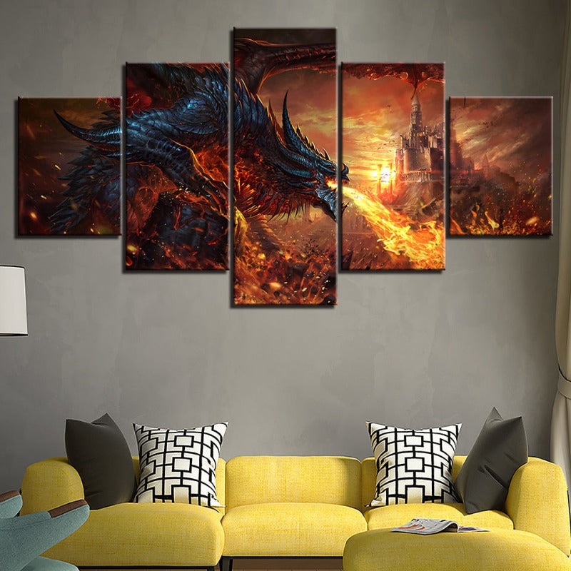 Dragon og slott - 5 deler lerret veggkunst maleri