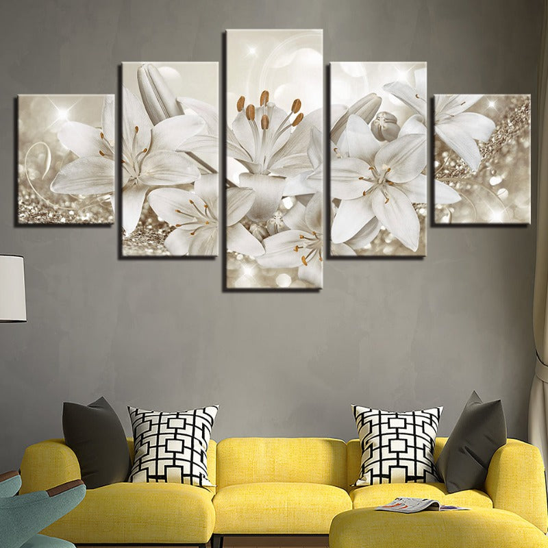 5-delt Golden & Hvit Bakgrunn Blomster - Lerret Veggkunst Maleri | Skanto