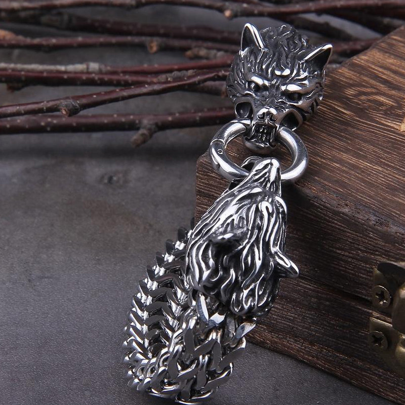 Skanto | Viking Rustfritt Stål Dobbel Ulvehode Fenris Armbånd