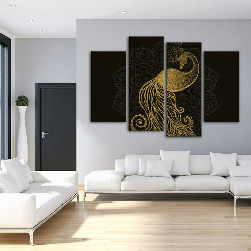 Abstract Golden Peacock Mandala Canvas Wall Art Painting 4 Pieces | Skanto