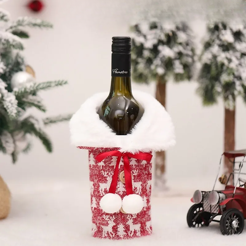 Juleflaskehette med pelskrage – festlig hette for vinflasker, nisse dekorasjon til jul, perfekt som gaveinnpakning | Skanto