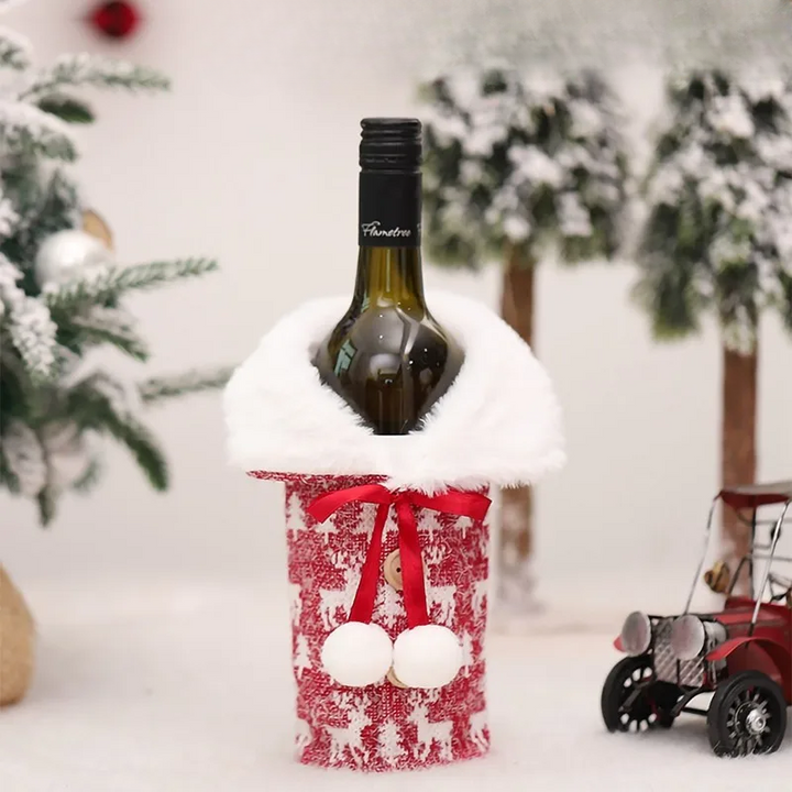 Juleflaskehette med pelskrage – festlig hette for vinflasker, nisse dekorasjon til jul, perfekt som gaveinnpakning | Skanto