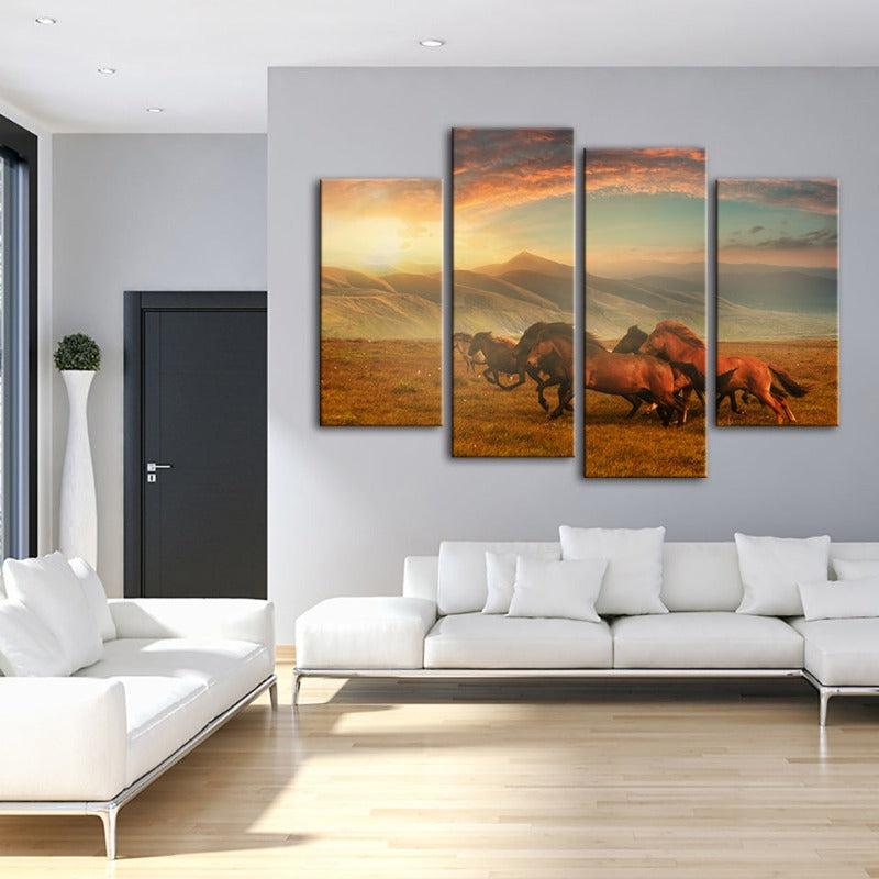4 Pcs Running Horses with Beautiful Landscape - Canvas Wall Art Painting | Skanto
