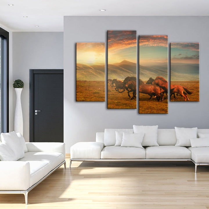 4 Pcs Running Horses with Beautiful Landscape - Canvas Wall Art Painting | Skanto