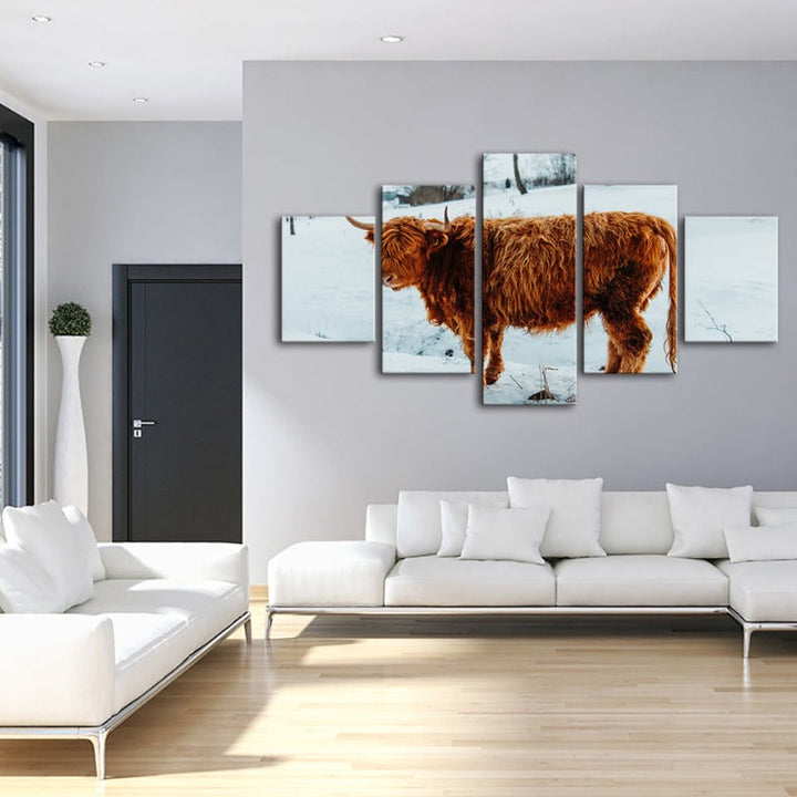 5-delt Curly Haired Cow - Lerret Veggkunst Maleri | Skanto