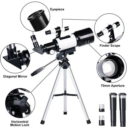 Skanto | Profesjonelt Astronomisk Teleskop | 70mm Apertur, 300mm Brennvidde & Enkel Oppsett for Stjernekikking og Naturutforskning