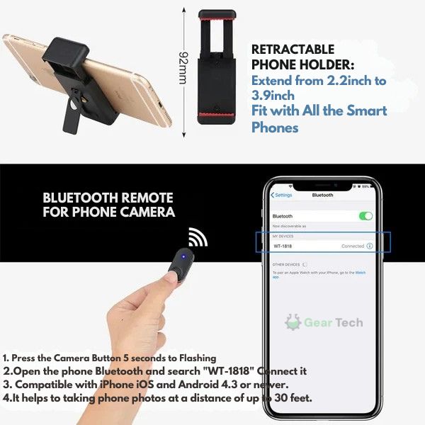 Skanto | Utvidbar telefonstativ med Bluetooth-fjernkontroll - Allsidig selfiestang og stativ
