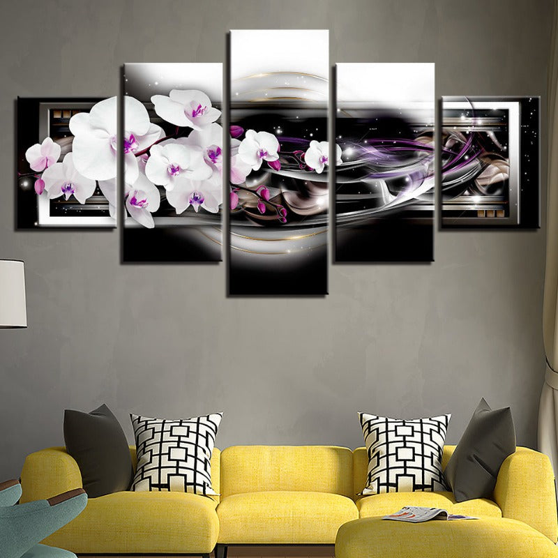 5 Styk Svart Bakgrunn Lilla Fargetone Hvit Blomst - Lerret Veggkunst Maleri | Skanto