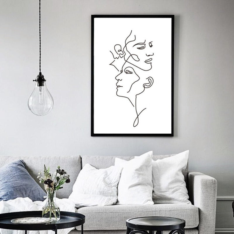 Abstract Love Kiss Black and White Lines Poster - Canvas Wall Art Painting | Skanto