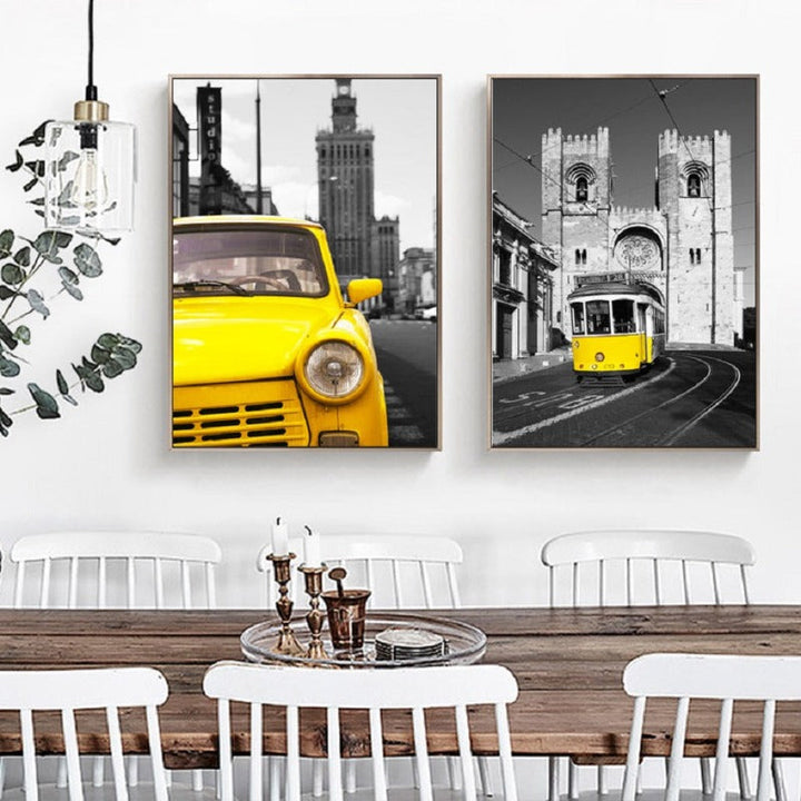 Vintage-scene med gul bybuss – lerretsbilde