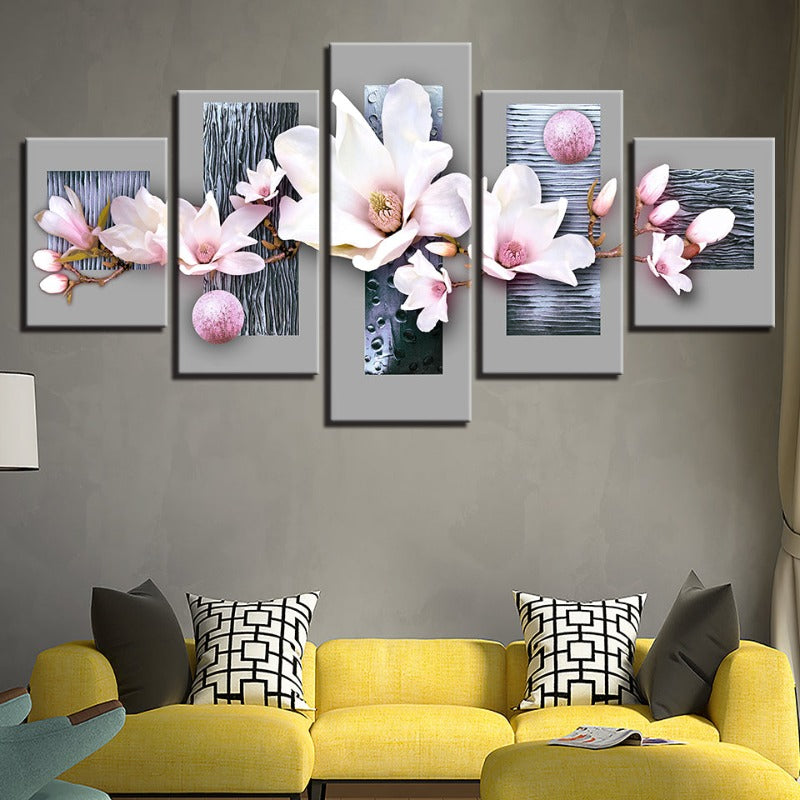 5 stk Blå Tre Bakgrunn Rosa Farge Blomst - Lerret Vegg Kunst Maling | Skanto