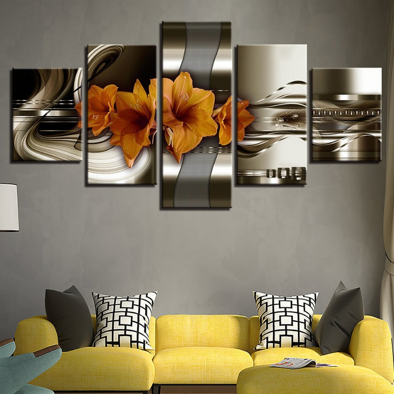 5-Piece Brown Toned Yellow Flower Canvas Wall Art Painting | Skanto