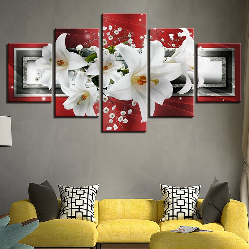 5 Pcs Red Background White Tulip Flowers - Canvas Wall Art Painting | Skanto