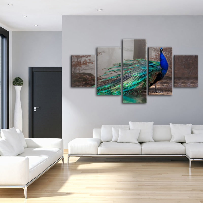 5 Piece Vibrant Peacock by the Pond - Canvas Wall Art Painting | Skanto