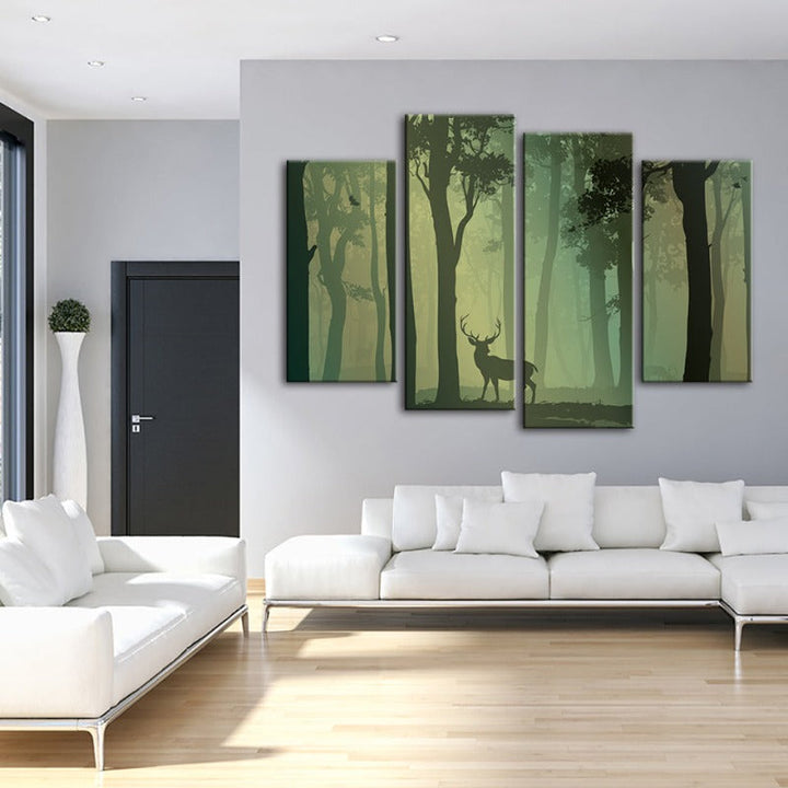 4-Piece Enchanted Green Silhouette Deer - Canvas Wall Art Painting | Skanto