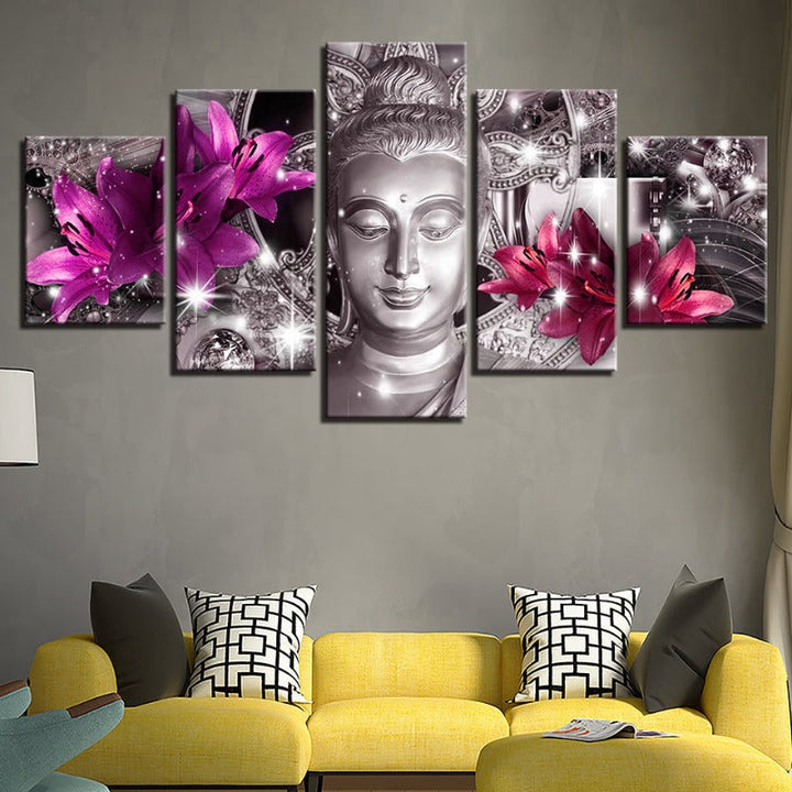 5-delte Buddha med lilla og rosa tulipaner - lerret veggkunst maleri | Skanto