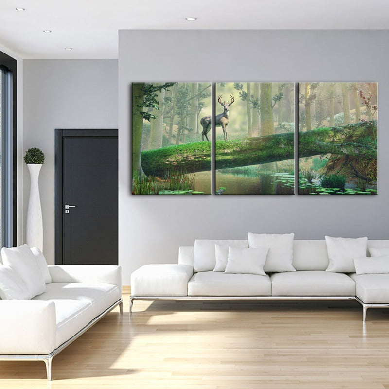 Fortryllende Skog Hjort-Canvas Veggkunst Maleri 3 Deler