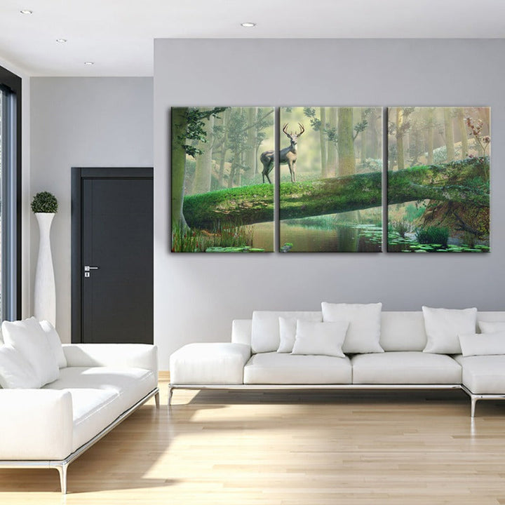 Fortryllende Skog Hjort-Canvas Veggkunst Maleri 3 Deler