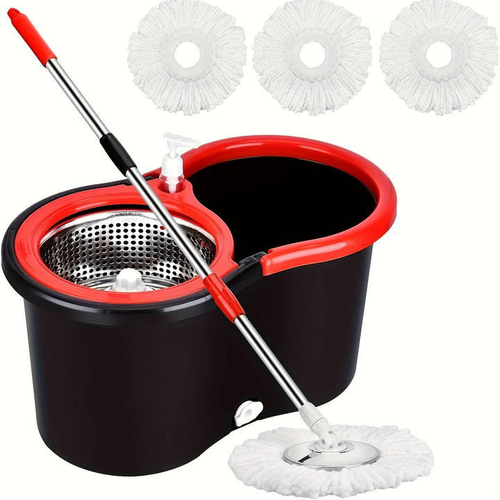 Skanto | Spin-mopp og bøtte sett med presse – 360° roterende mopp-system, inkluderer 3 mikrofiber-mopp hoder og 61" justerbart rustfritt stål håndtak – Ideell for gulvrengjøring i bad og skoler