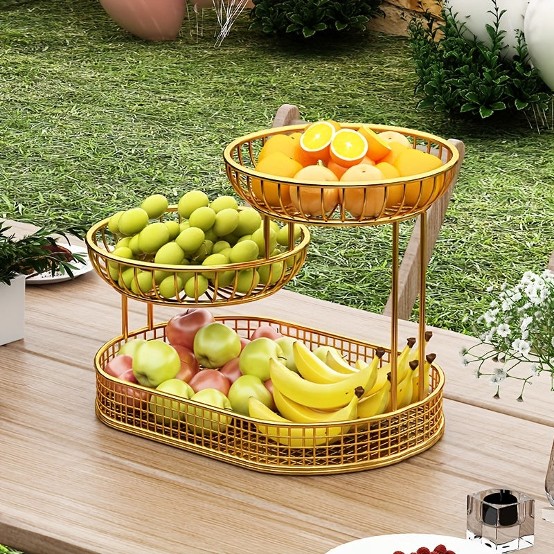 Skanto | Elegant Multi-Tier Metal Fruit Basket - Golden Wire Oval Design | Perfect for Snacks, Cakes & Desserts | Ideal for Easter, Thanksgiving, Christmas Utendørsfeiringer, Utendørs Spise Tilbehør|Multitier Design|Robust Struktur, Frukt Dekor