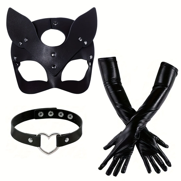 Skanto | Kvinners  Faux Leather Halloween Kostyme Tilbehør | Katt Maske Hansker
