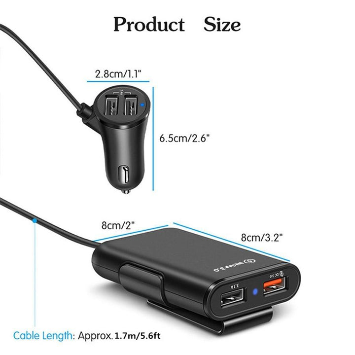 4-Port USB billader med forlengelseskabel | Skanto