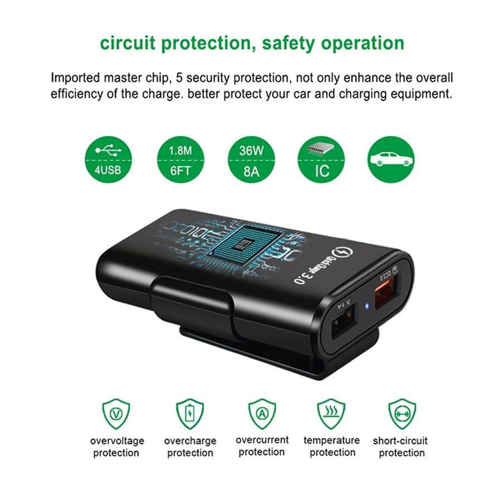 4-Port USB billader med forlengelseskabel | Skanto