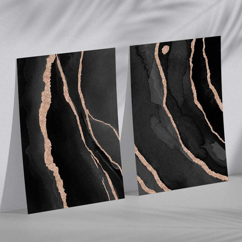Abstrakt sett med 2 kunsttrykk i svart og gull