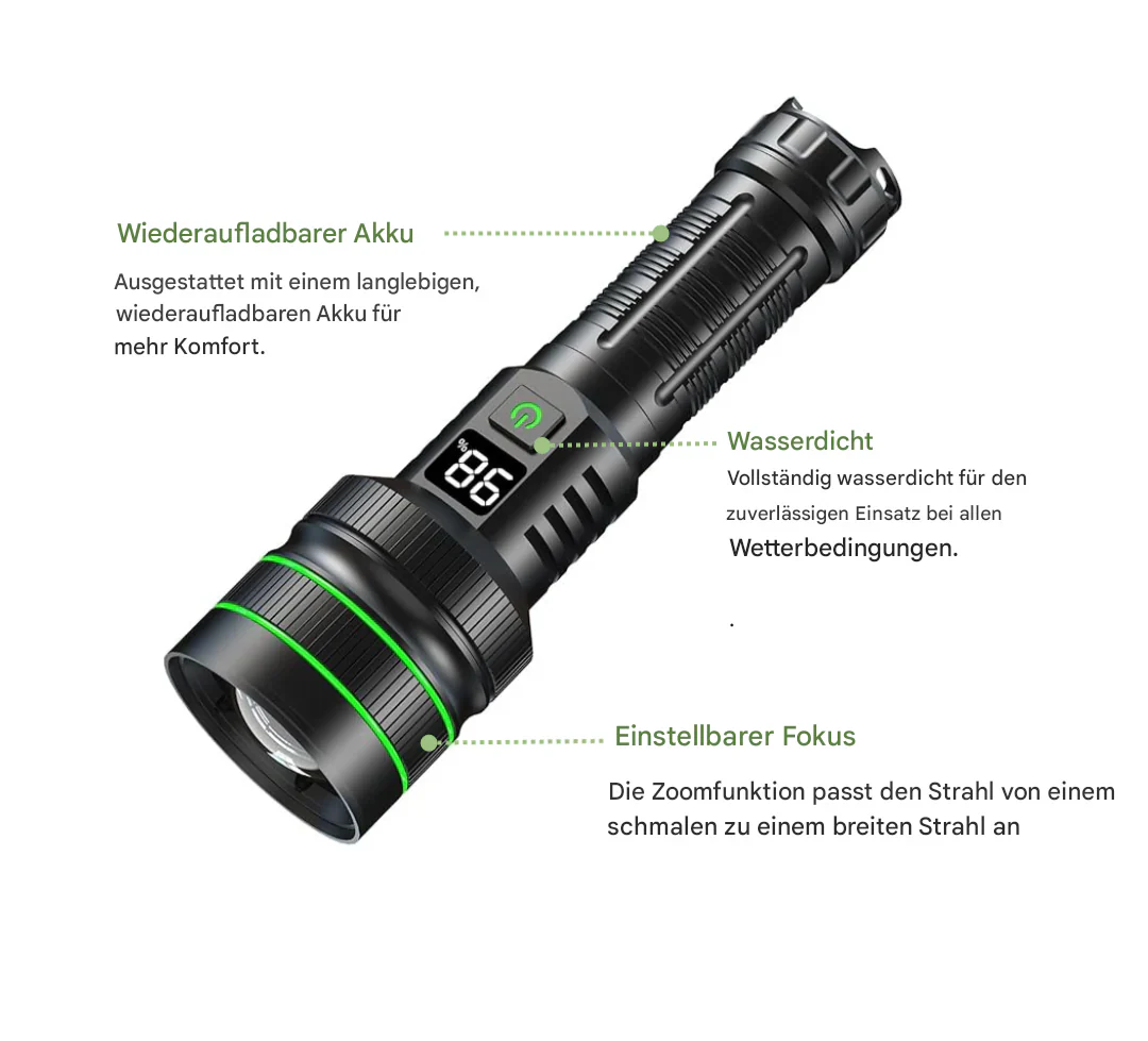 Skanto | Ekstremt lyssterk og zoombar LED-lommelykt med powerbank-funksjon for utendørs eventyr