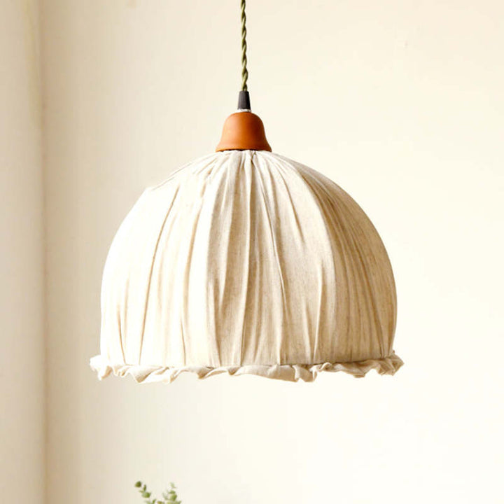 EcoLume - Minimalistisk skandinavisk LED-pendellampe med beige stoffskjerm og justerbar bue for stue og spisestue