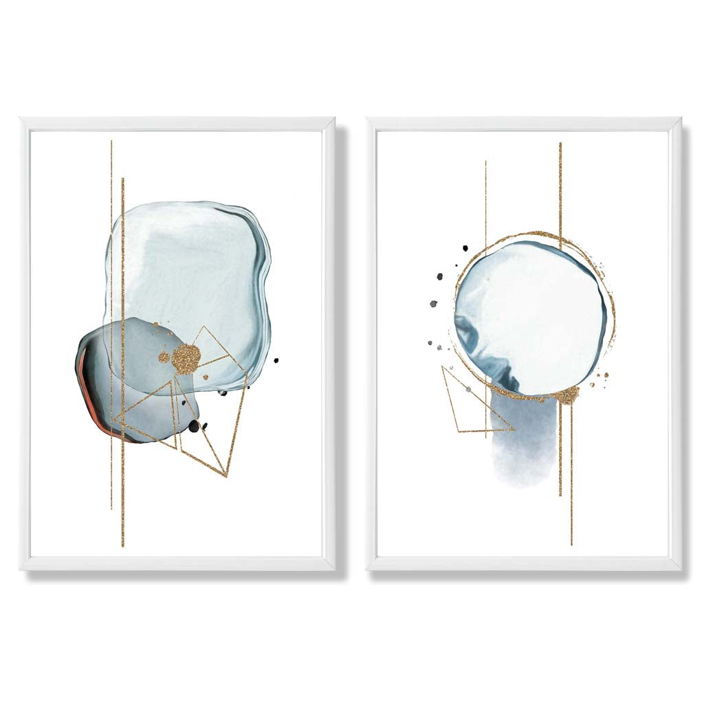 Aquablå abstrakte former, innrammet sett med 2 kunsttrykk