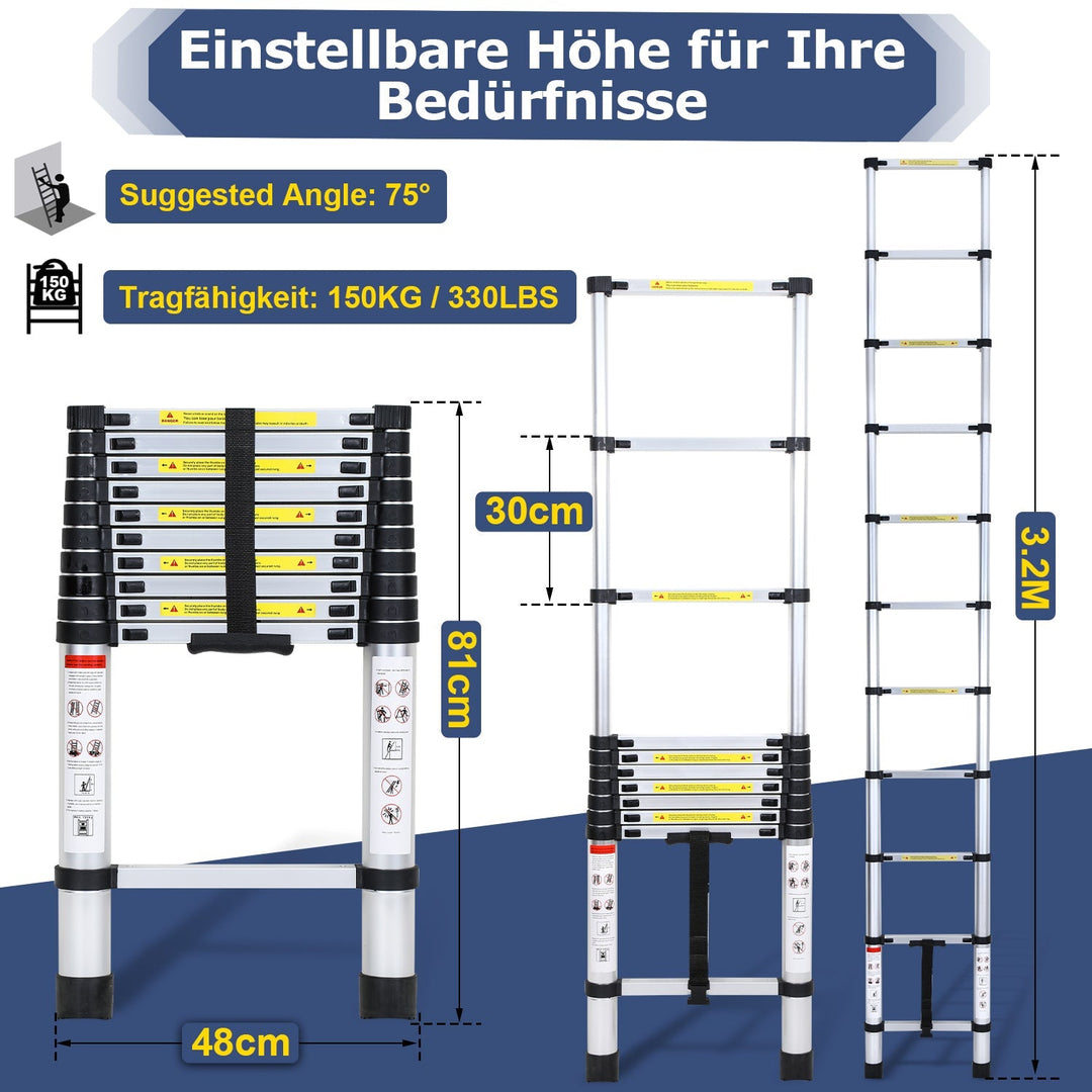 Teleskopisk stige Aluminium Belastningsevne opp til 150kg 2,6m-5m | Skanto