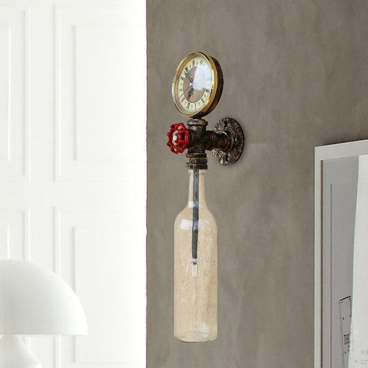 Brun/blå flaskevegglampe i vintage-stil med 1 lyspære i glass, veggbelysning for stue, trykkmåler og ventil