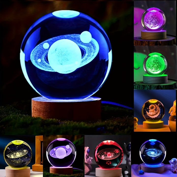 LumiSphere - Luksus 3D Krystall Bordlampe med Trebase Skanto